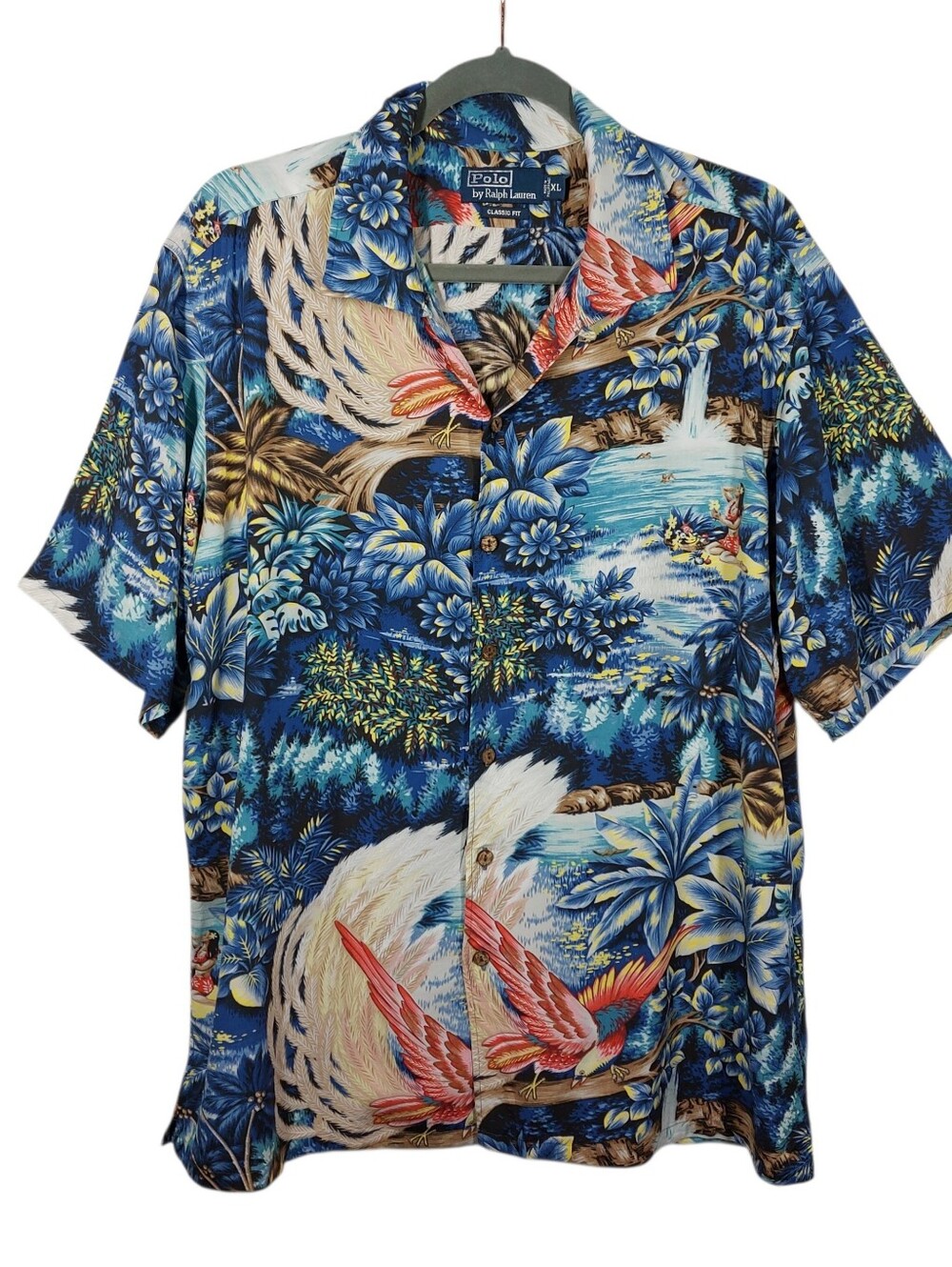 Polo Ralph Lauren Rayon Hawaiian Shirt Mens XL Blue Scenic Bird Floral READ